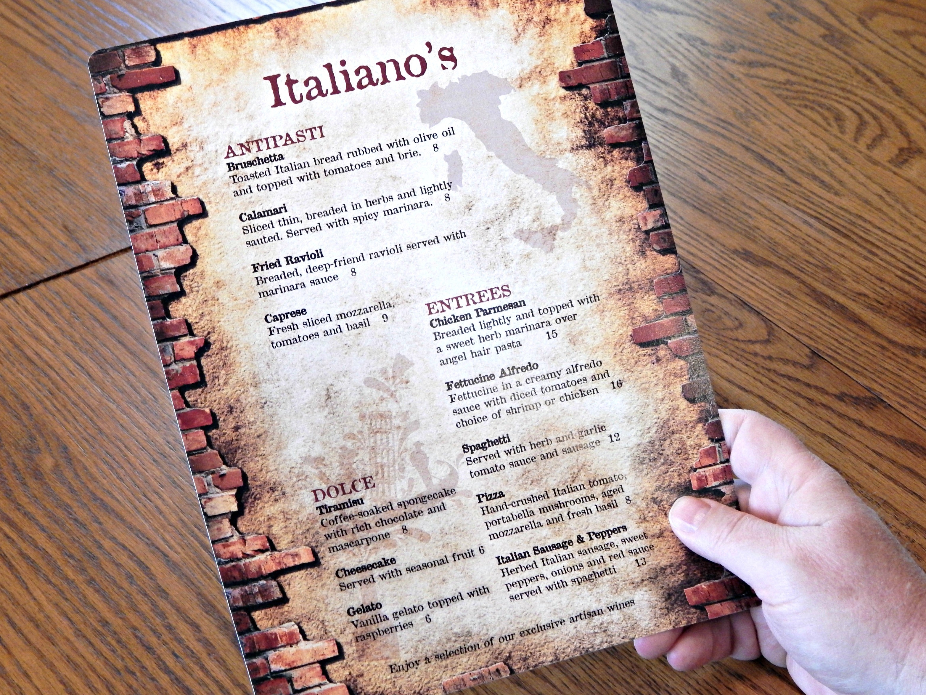 menu printed on digital toner canvas